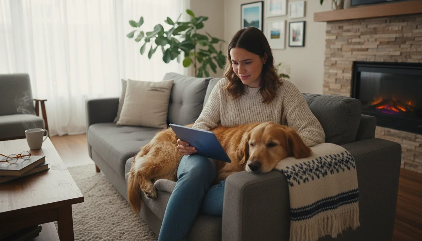 A young woman sits on a sofa, looking at a tablet, while her golden retriever mix dog rests its head on her lap.