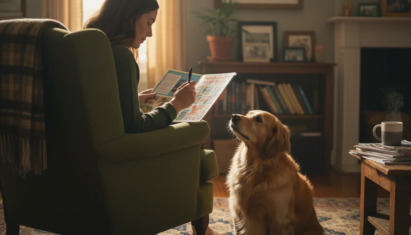 Young woman sitting in an armchair, looking at a pet travel guide, with her golden retriever gazing up at her.