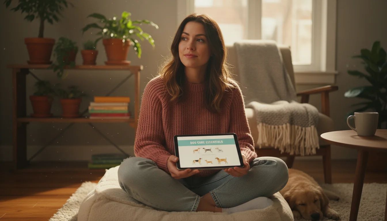 Young woman sitting on a floor cushion, thoughtfully looking up from a book, while gently stroking a small mixed-breed dog nestled beside her in a war
