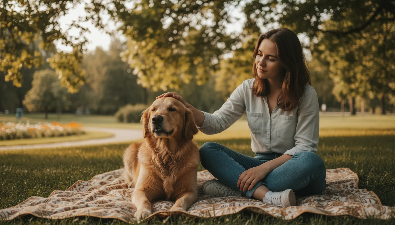 A young woman gently strokes a golden retriever on a picnic blanket in a sun-dappled park. Both look calm and content.