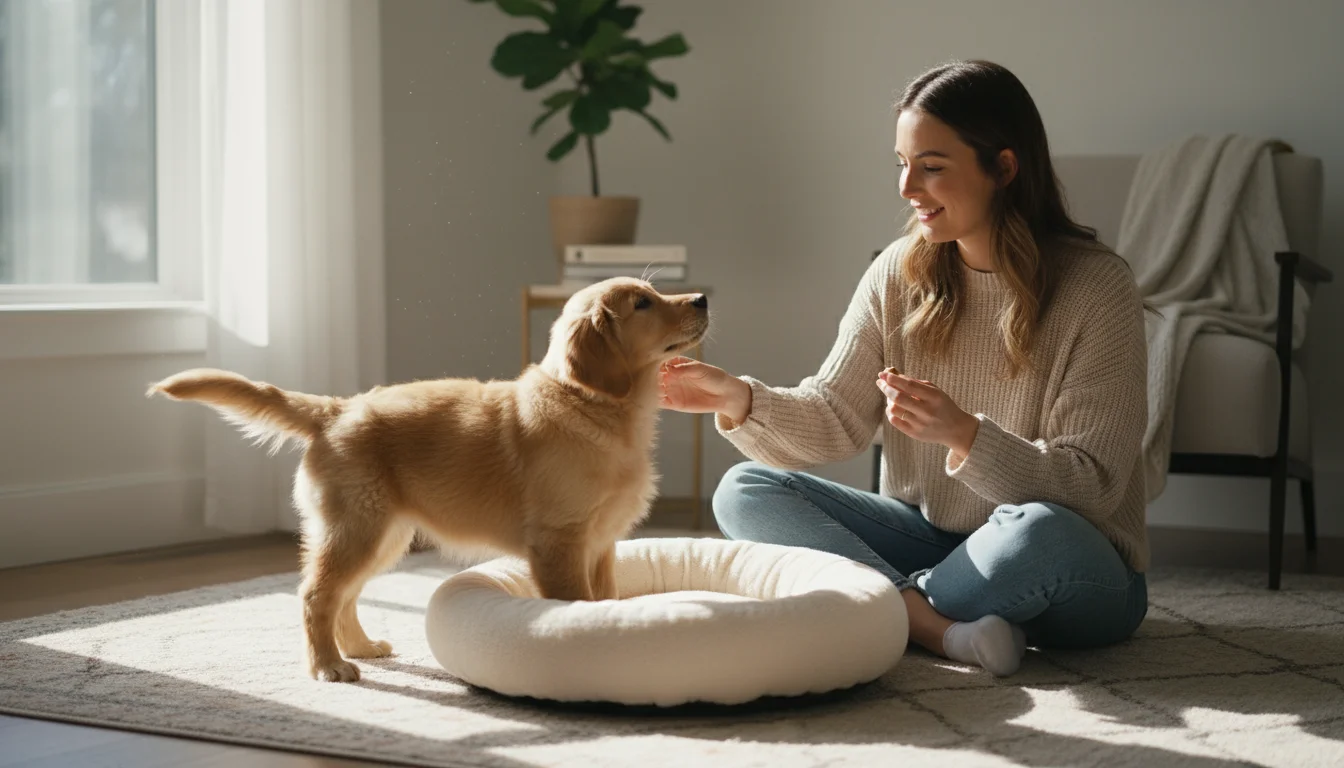 A young woman gently teaches a calm Golden Retriever puppy to settle on its plush bed in a sunlit living room.
