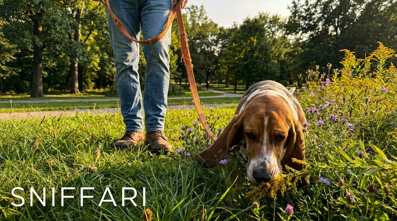 A Basset Hound exploring a patch of grass on a 'sniffari' walk, with a person standing nearby in a sunny park.