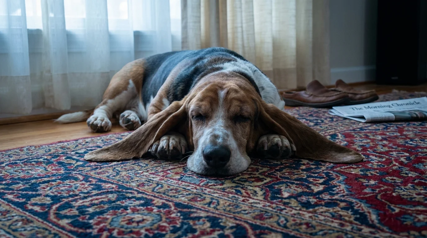 A Basset Hound sleeping peacefully on a colorful rug in a quiet living room.