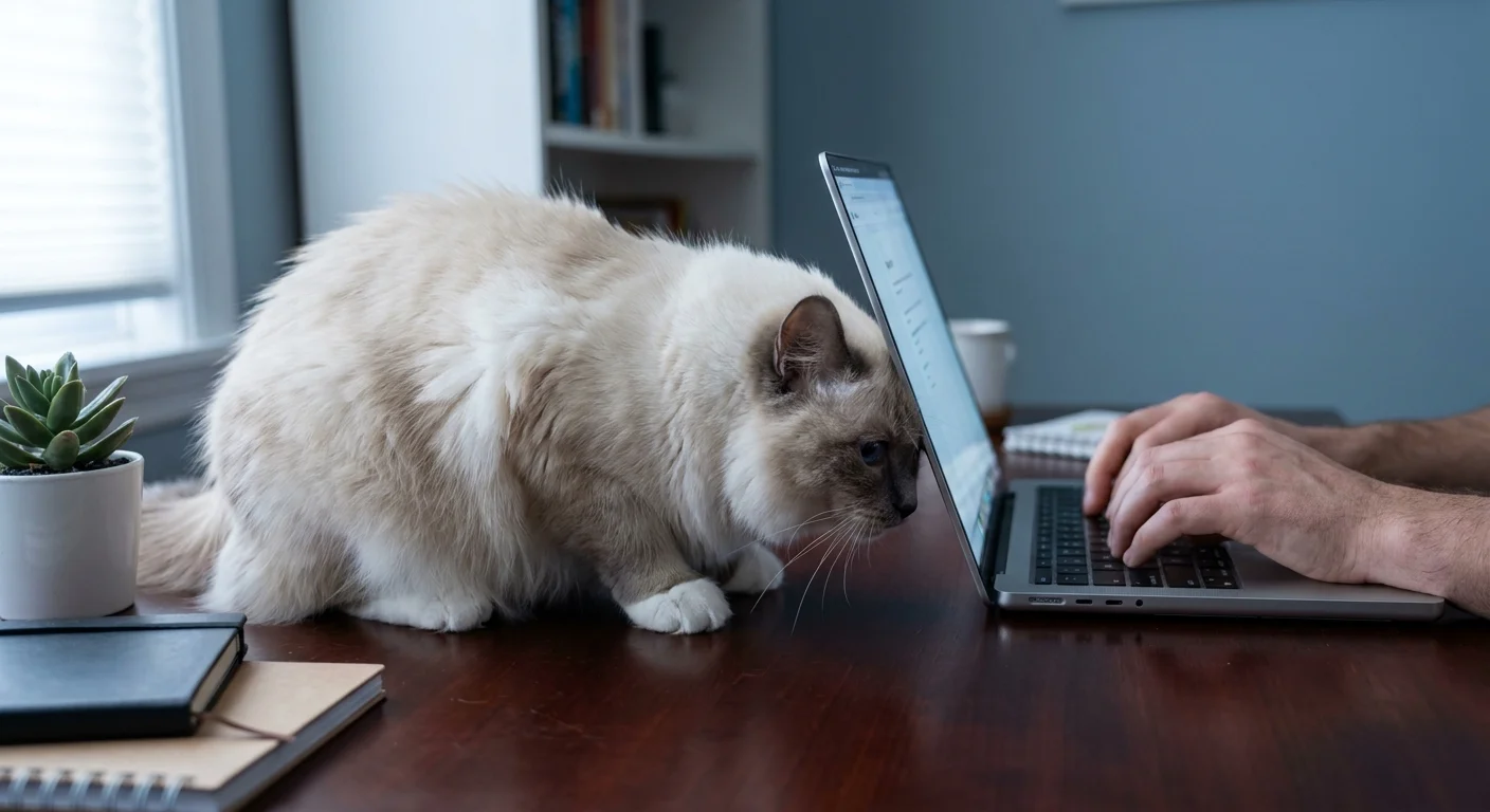 A Birman cat with white paws sits on a desk, leaning its head against its owner's arm while they work.