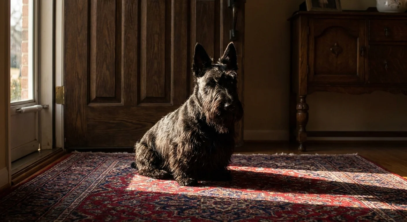 A black Scottish Terrier sitting with dignified posture on a rug near a front door.
