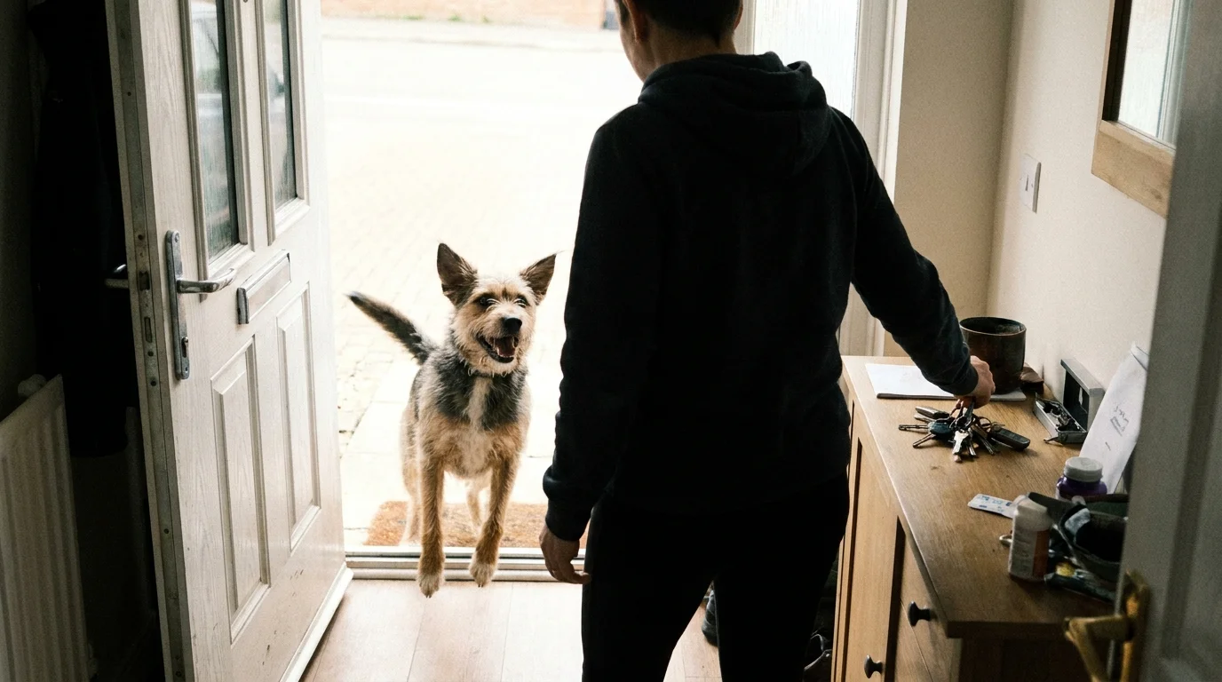 A blurred action shot of a dog jumping for joy as its owner returns home, showing an enthusiastic greeting.
