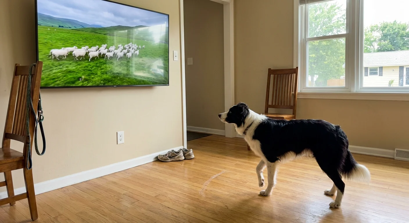 A Border Collie in a living room stands alert, staring intently at sheep on a television screen.