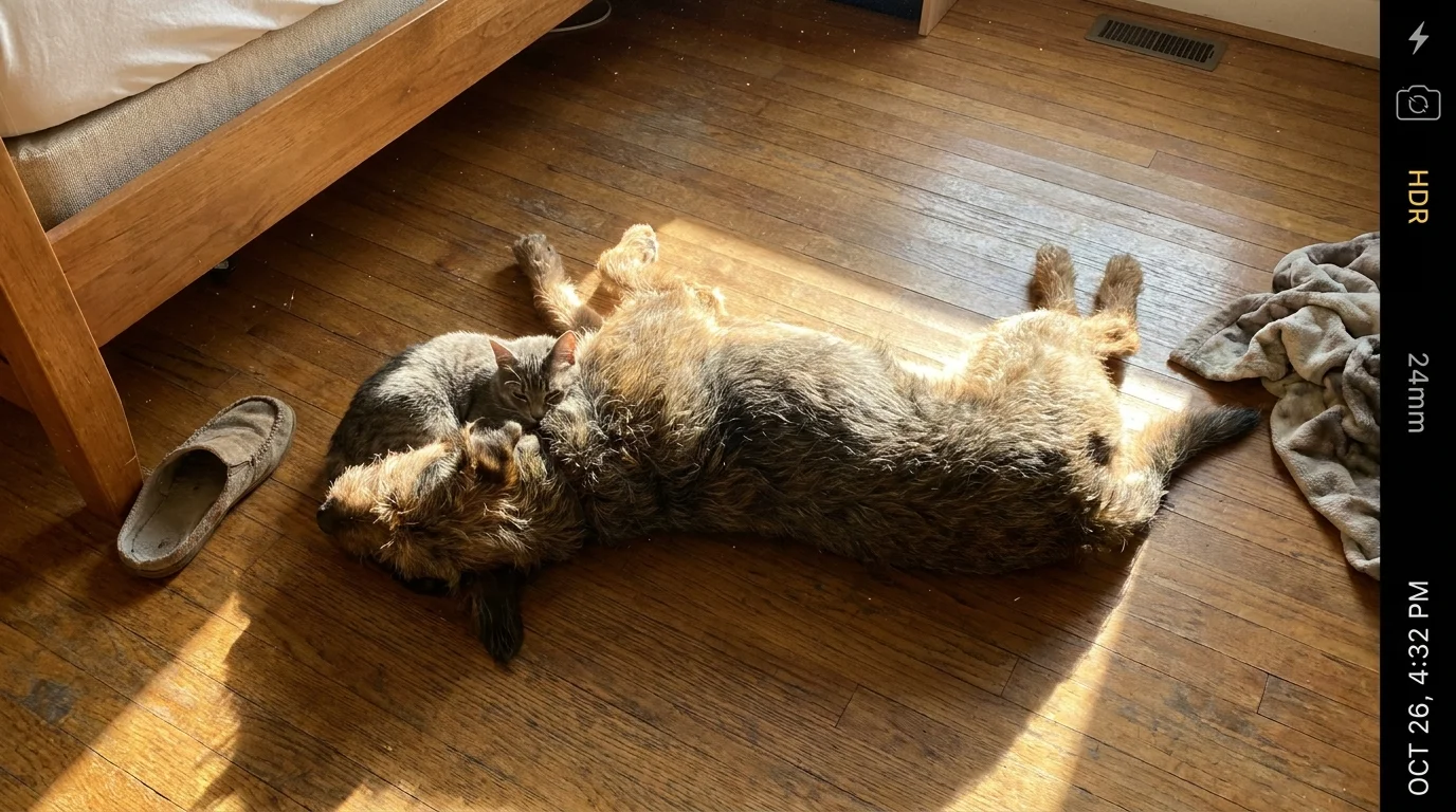 A candid overhead photo of a dog sleeping on its back next to a curled-up cat in a sunlit bedroom.