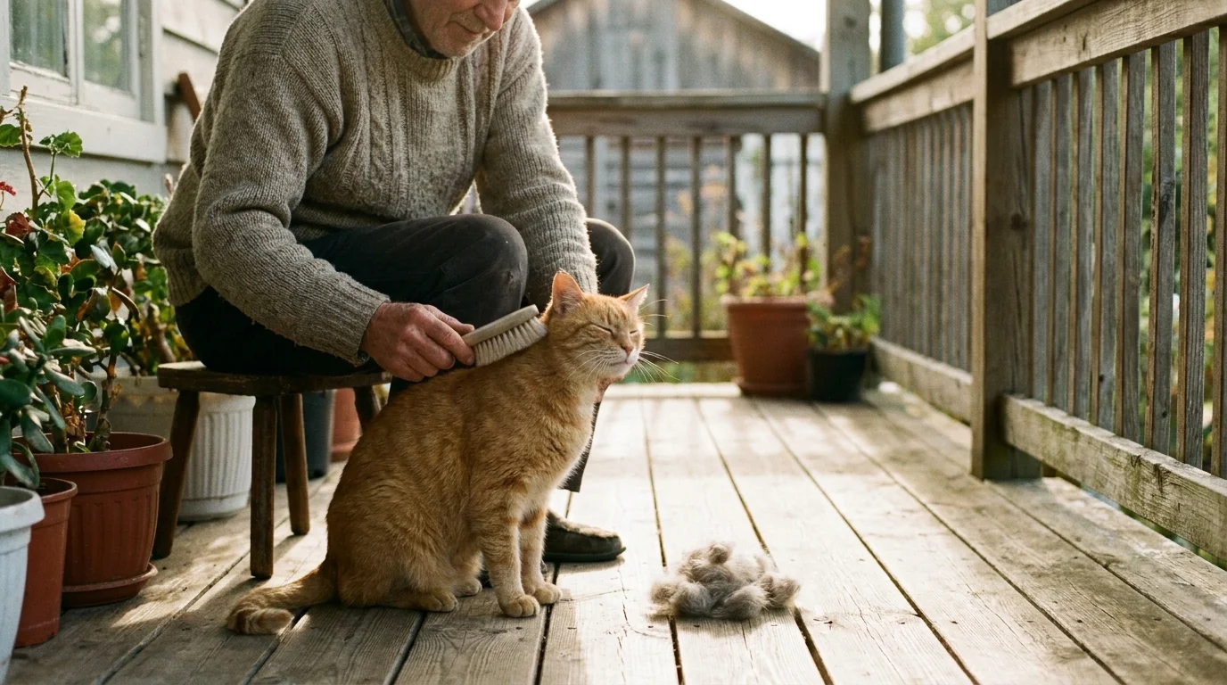 A candid photo of an elderly cat being gently brushed by its owner on a sunny wooden porch.
