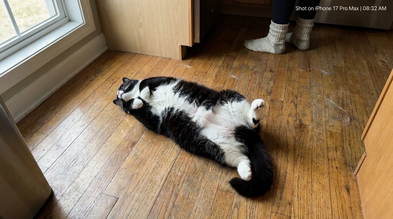 A cat lying on its back on a kitchen floor with its belly exposed, demonstrating total trust in its environment.