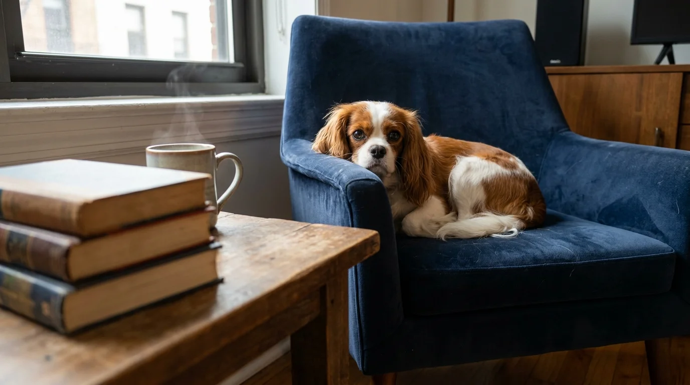 A Cavalier King Charles Spaniel resting on a blue velvet armchair in a cozy apartment setting.