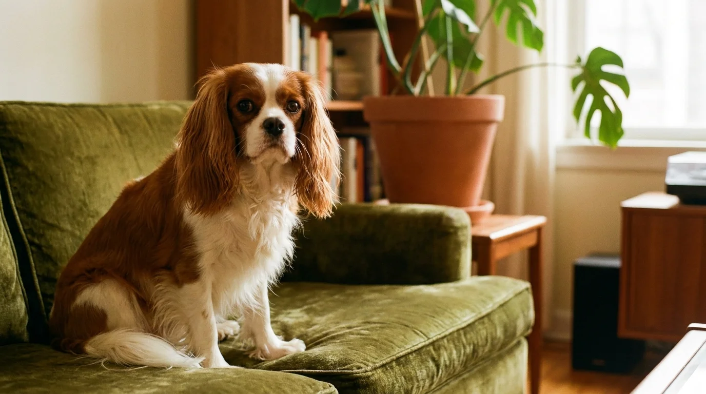 A chestnut-and-white Cavalier King Charles Spaniel sitting on a green velvet sofa in a quiet home.