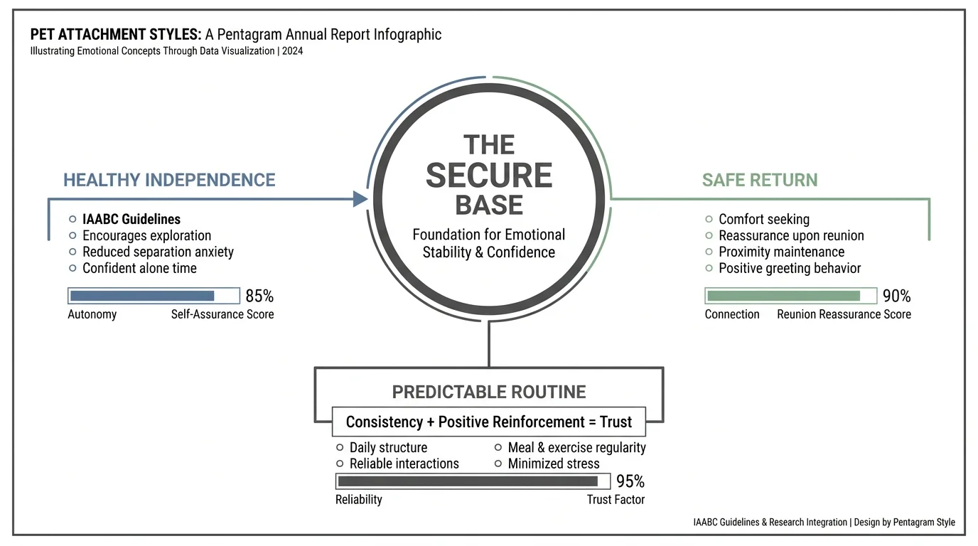 A clean, professional diagram showing the components of a secure pet attachment style including routine and trust.