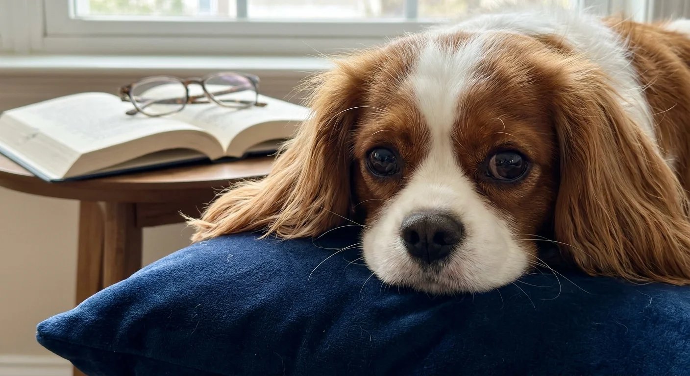A close-up of a Cavalier King Charles Spaniel resting its head on a velvet pillow next to a book.