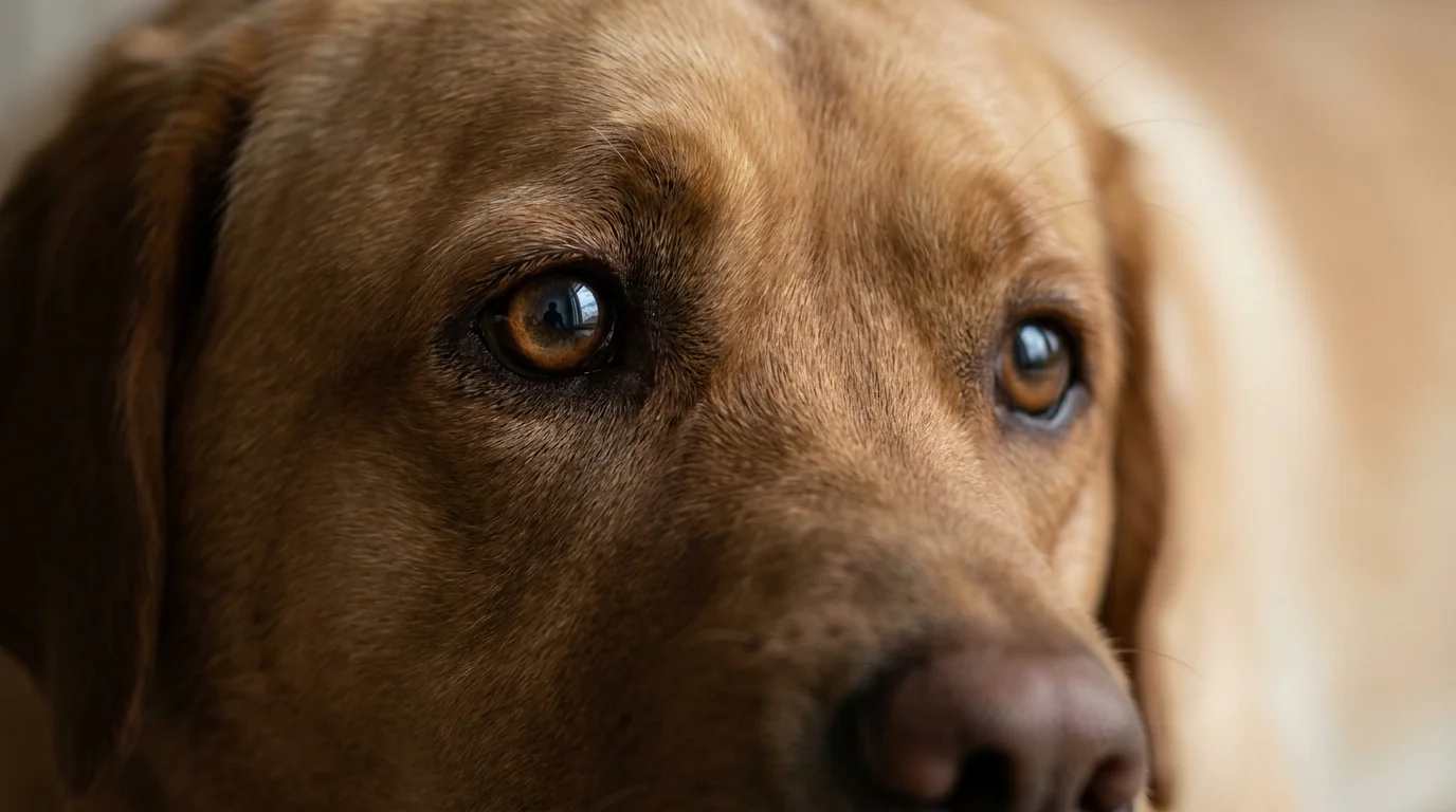 A close-up of a dog's eyes showing a soft, relaxed gaze that indicates deep affection and trust.