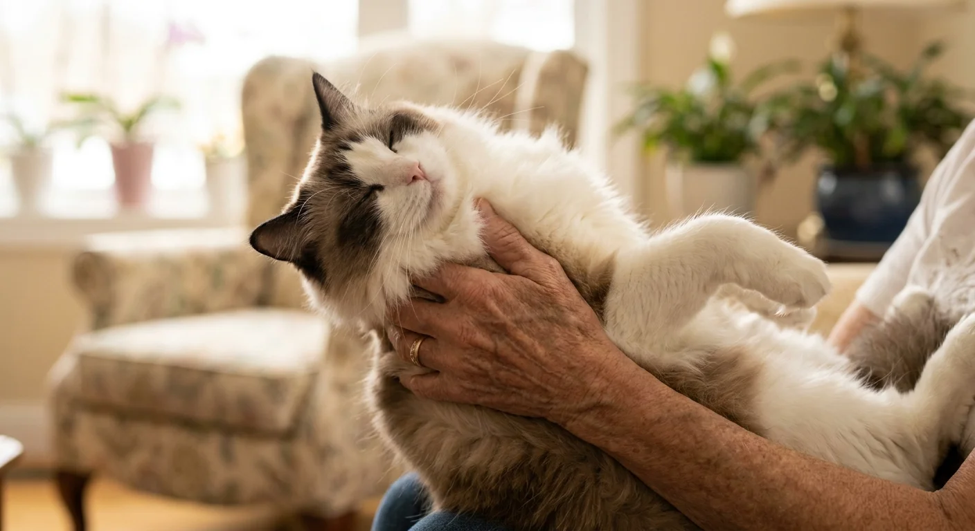 A close-up of a Ragdoll cat going limp and relaxed while being held by a senior person's hands.