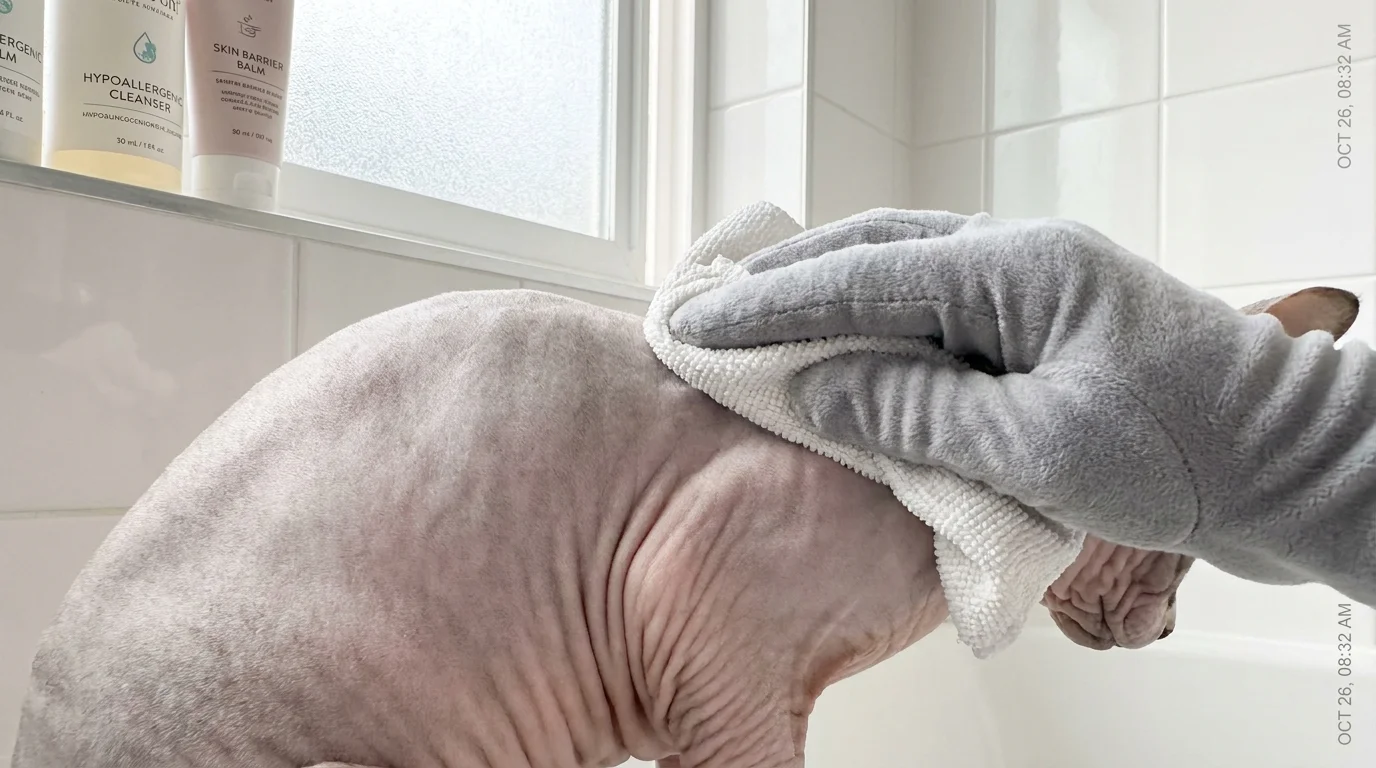 A close-up of a Sphynx cat receiving skin care, highlighting the specialized grooming needs of high-maintenance felines.