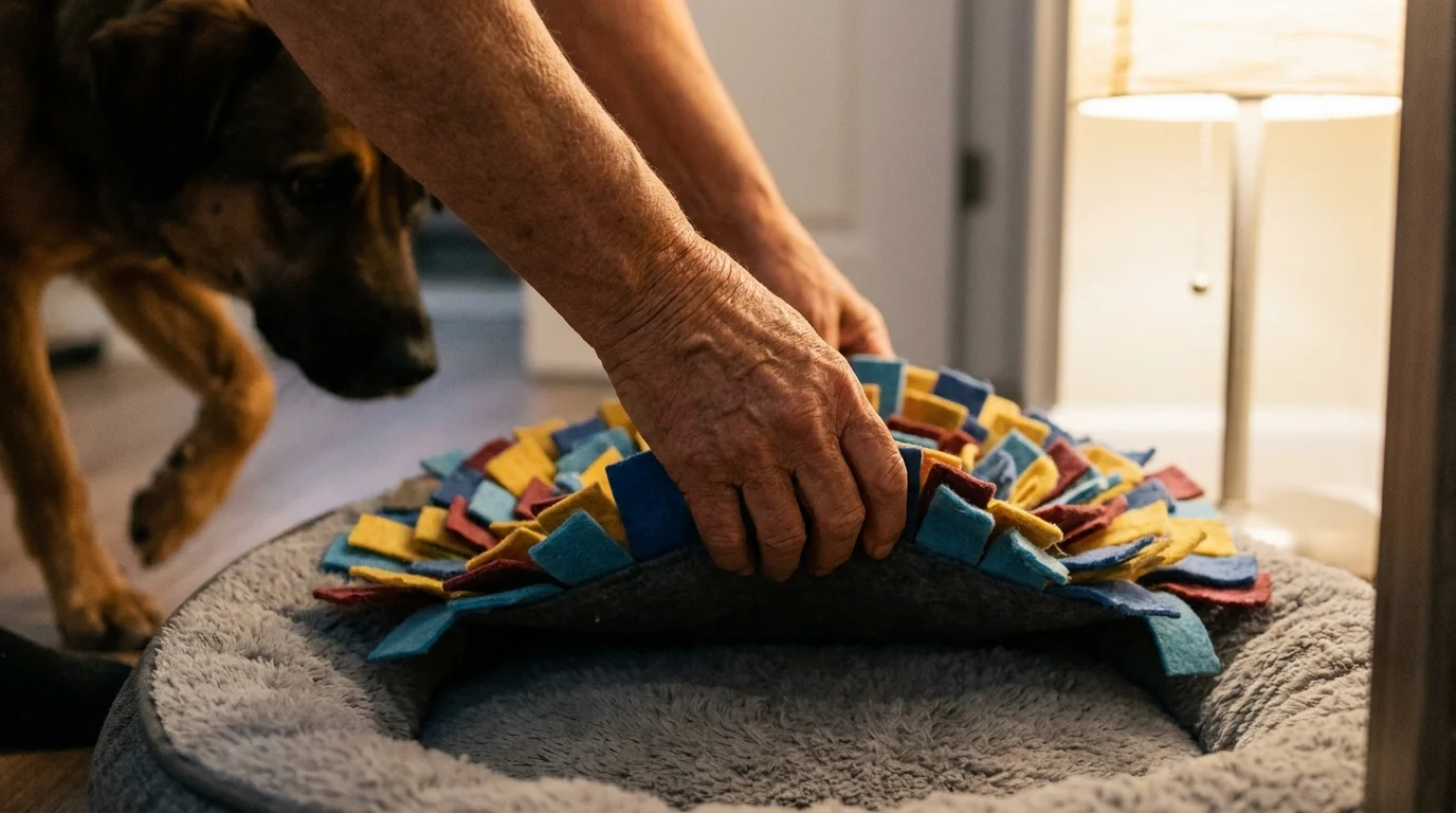 A close-up of hands placing a colorful enrichment toy on a dog bed to encourage calm activity.