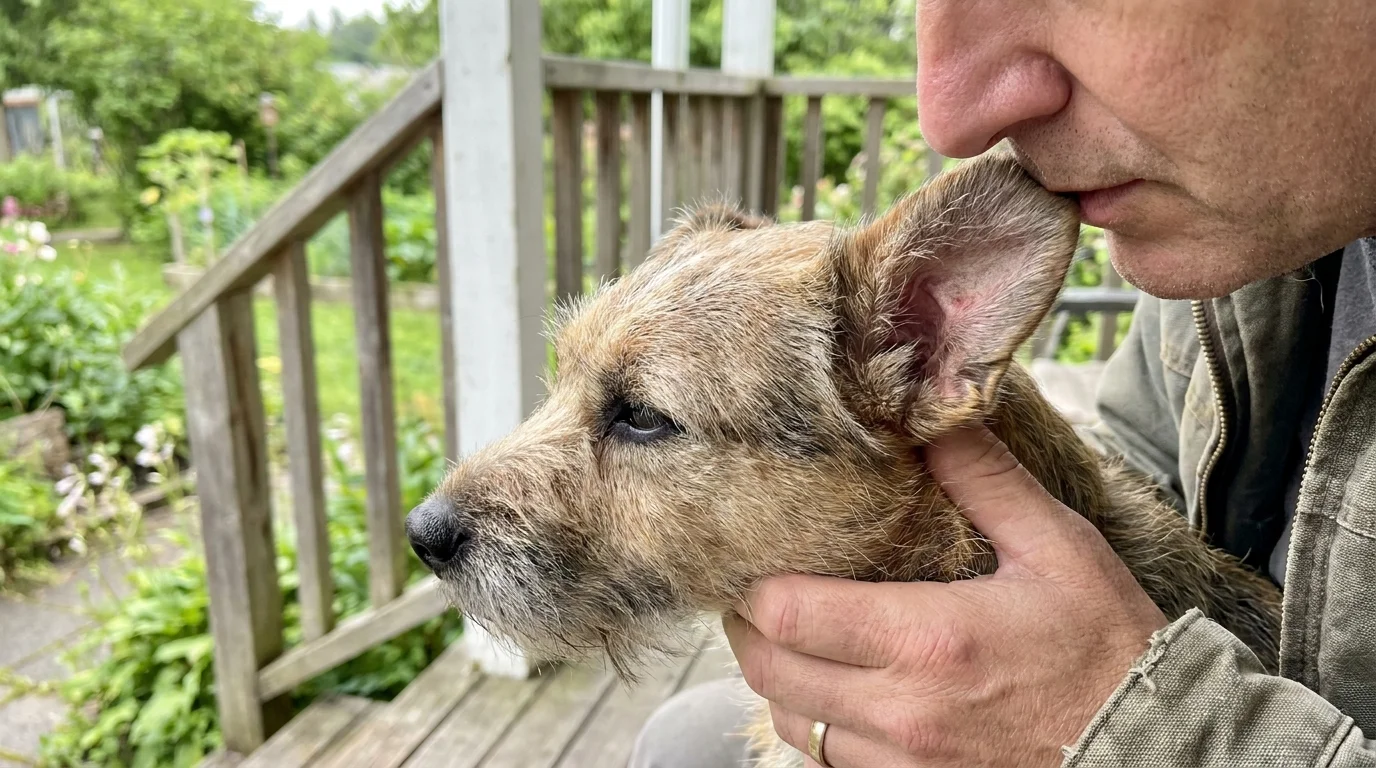 A close-up photo of a person leaning in to check a dog's ear, focusing on the sensory act of checking for odors.