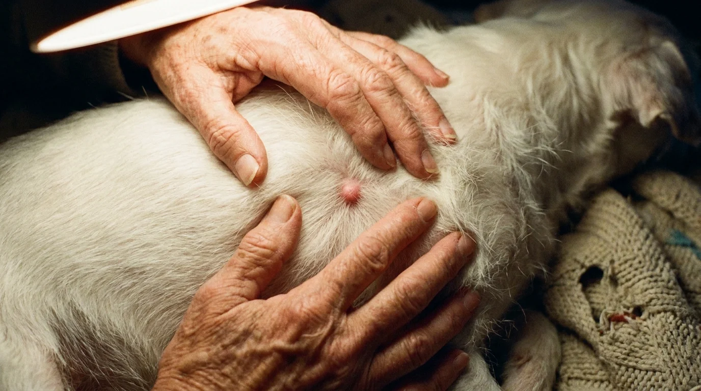 A close-up photo of hands gently parting a dog's fur to check for skin lumps or changes.