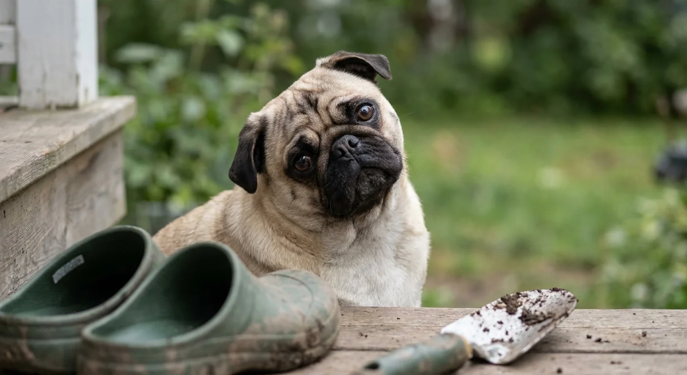 A close-up portrait of a fawn Pug with a tilted head sitting on porch steps.