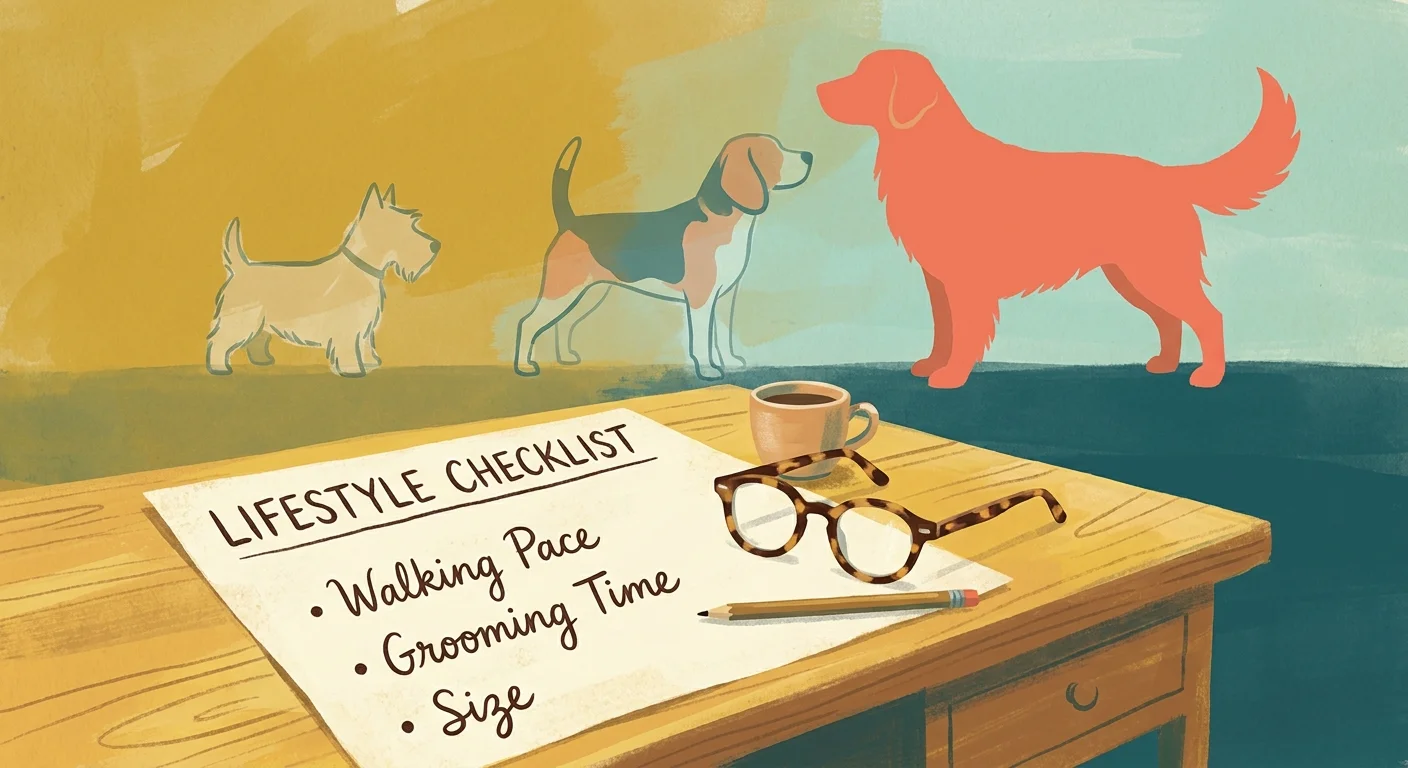 A colorful gouache illustration of a lifestyle checklist next to different sized dog silhouettes.