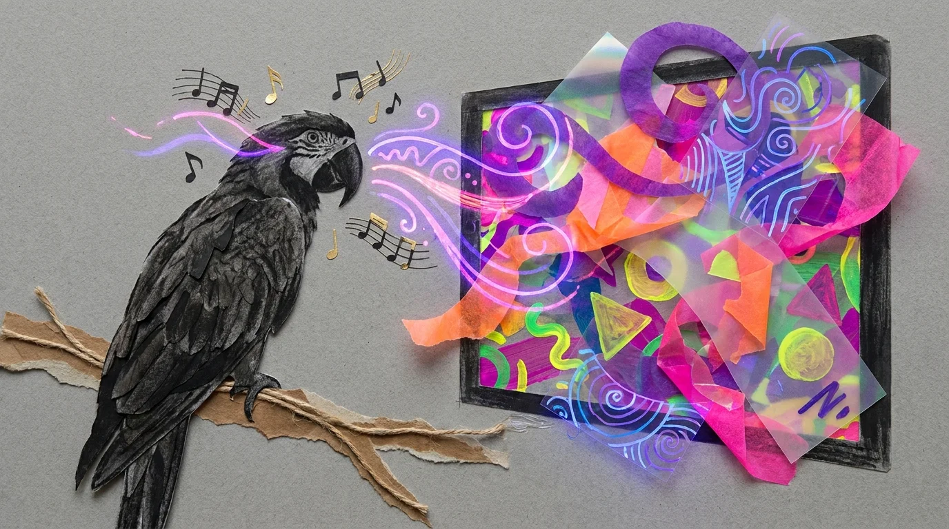 A colorful mixed-media collage showing a parrot watching a screen with extra ultraviolet color layers.