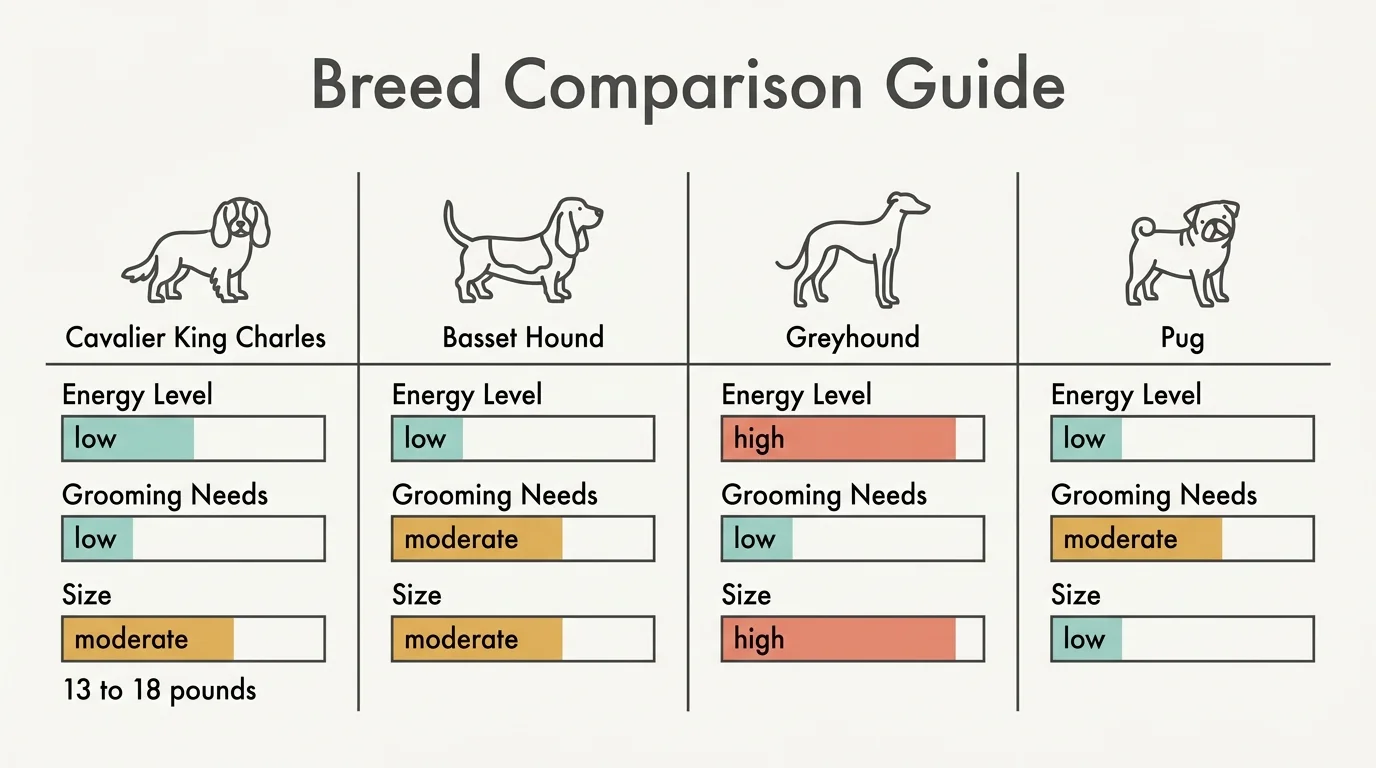 A comparison chart showing energy, grooming, and size for several dog breeds.