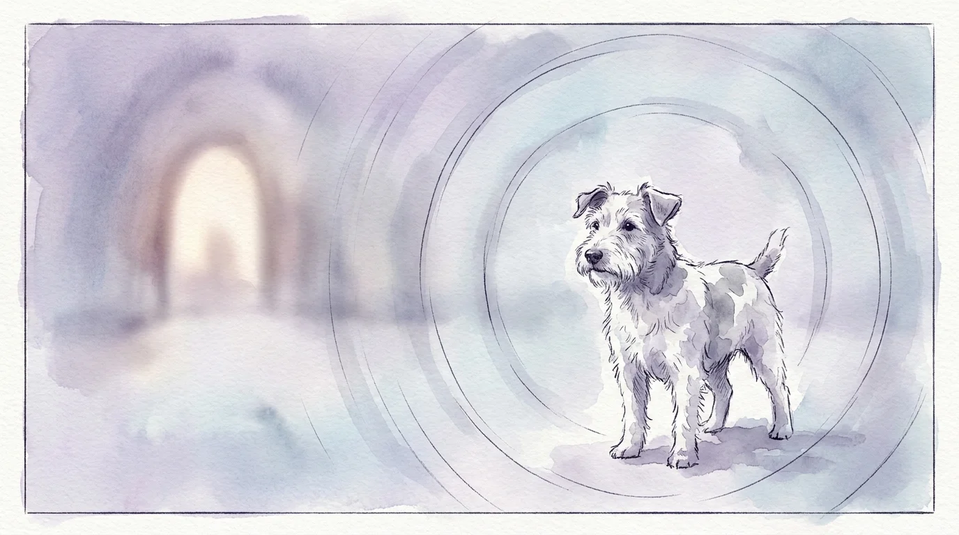 A conceptual illustration of a dog in a blurred, soft-focus environment symbolizing the gradual loss of vision and hearing.