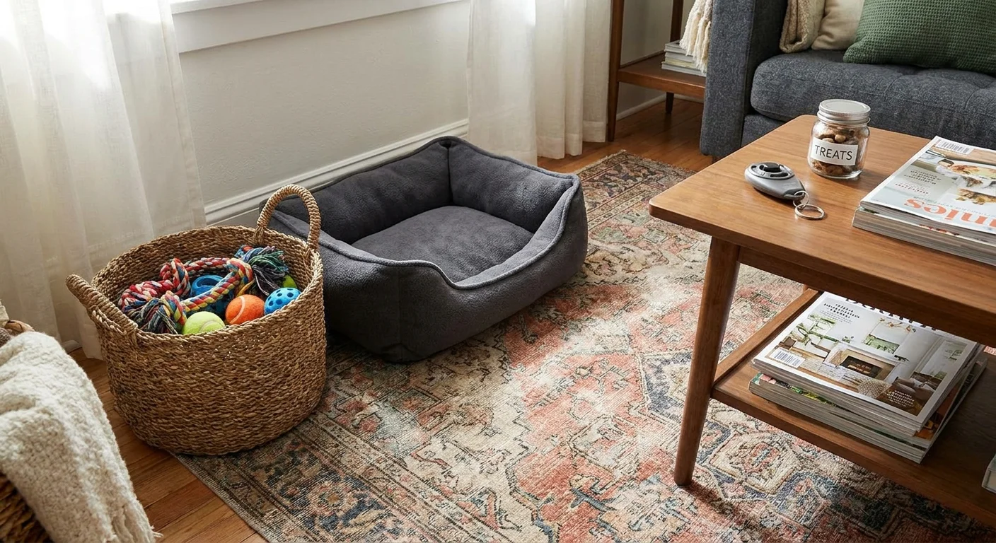 A cozy living room corner prepared with a new dog bed, toys, and training treats.