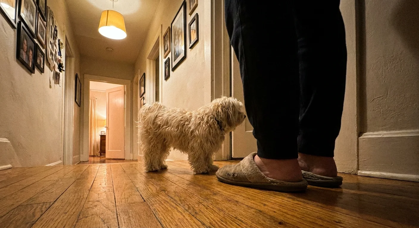 A cream-colored Havanese dog follows closely behind its owner's feet in a home hallway.