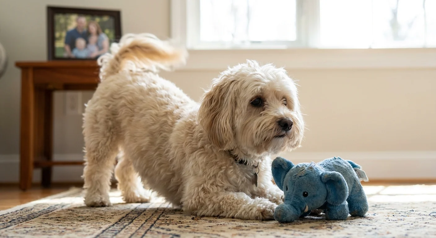 A cream-colored Havanese dog playing with a toy on a rug, showing its playful nature.