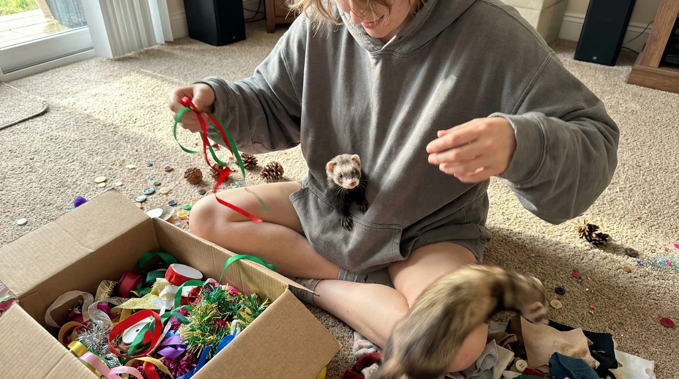 A curious ferret peeks out of the front pocket of its owner's hoodie during a craft project.