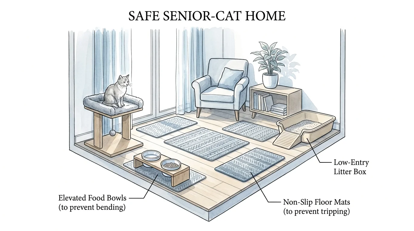 A diagram of a home interior showing modifications like elevated bowls and non-slip mats for cat safety.