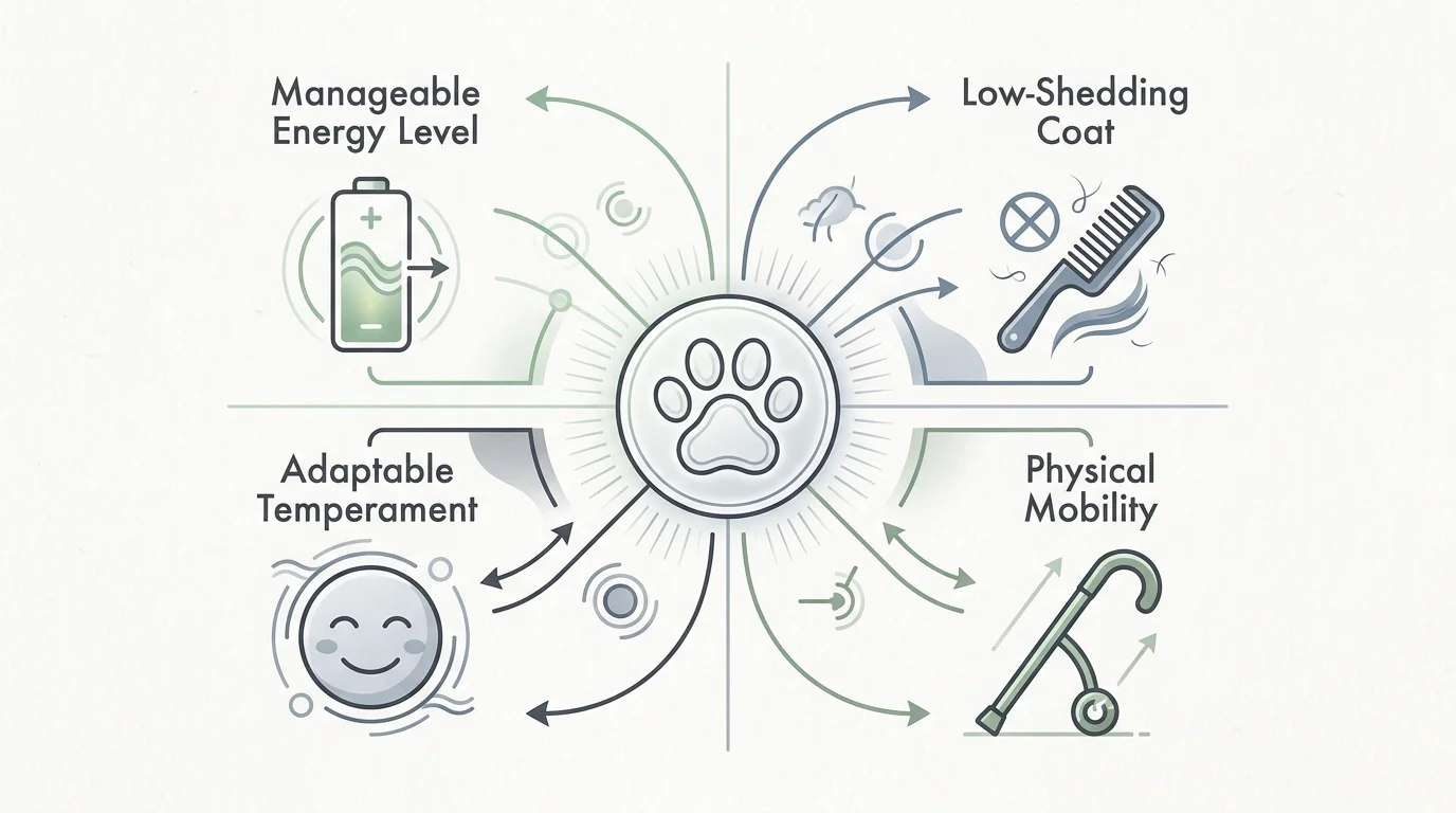 A diagram showing the four key traits for senior-friendly dogs: manageable energy, low-shedding, temperament, and mobility.