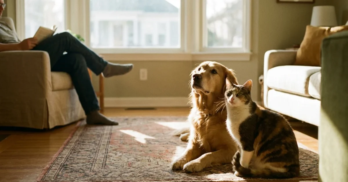 A dog and a cat sitting together in a sunlit living room, subtly communicating through body language and proximity.