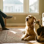 A dog and a cat sitting together in a sunlit living room, subtly communicating through body language and proximity.