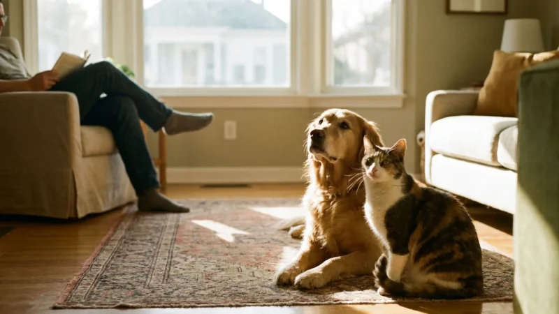 A dog and a cat sitting together in a sunlit living room, subtly communicating through body language and proximity.