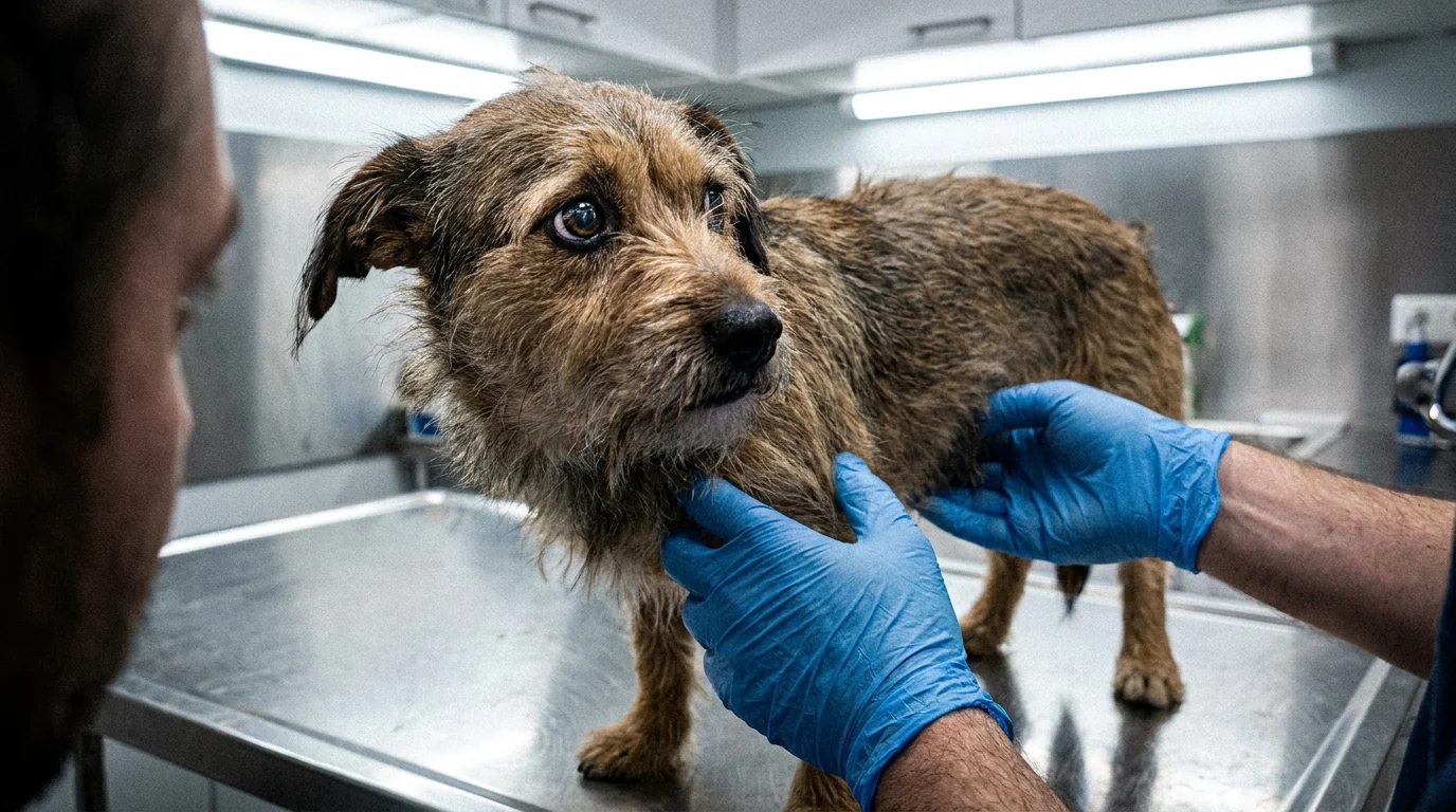 A dog looks back at its owner for reassurance during a vet exam, illustrating a 'voluntary check-in.'