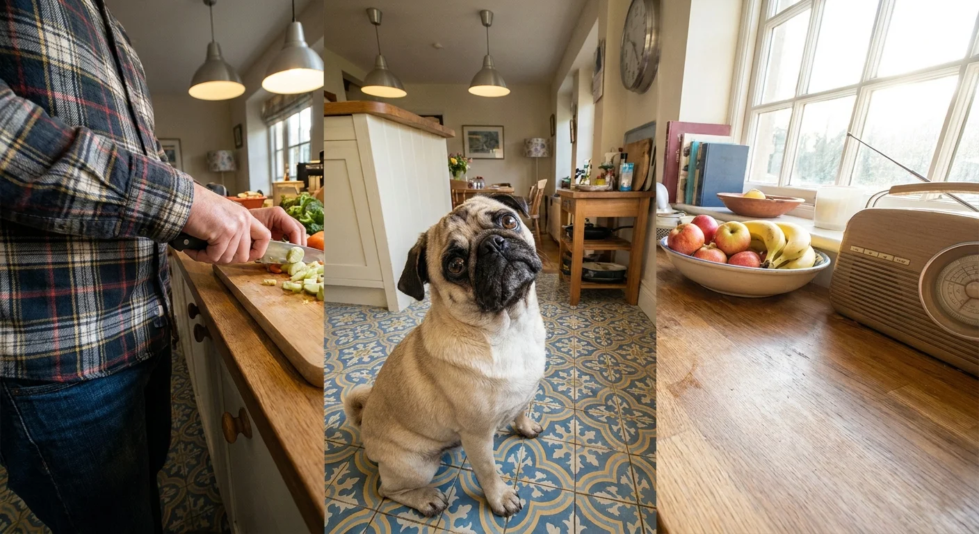 A fawn-colored Pug sitting on a tiled kitchen floor with its head tilted curiously.