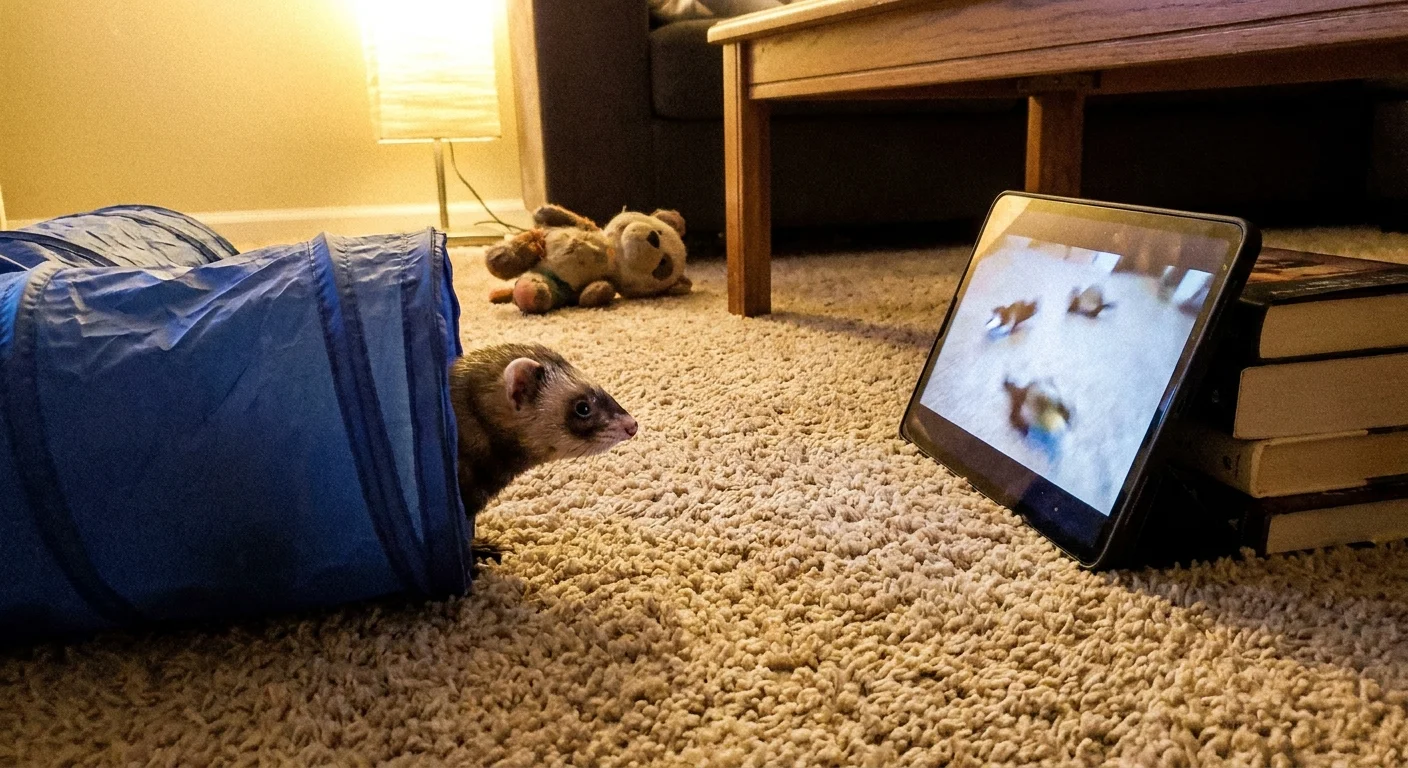 A ferret peeks out of a blue tunnel to watch a video playing on a tablet on the floor.