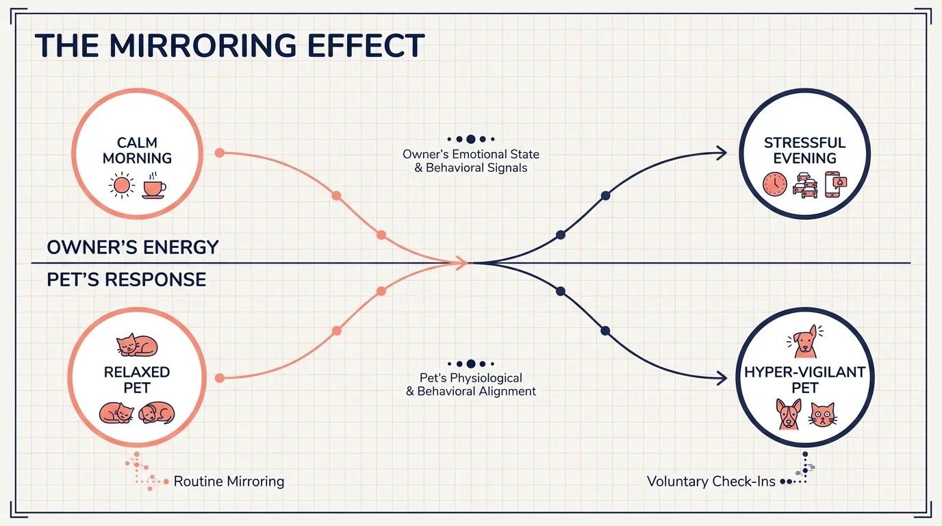 A flowchart showing how a pet's energy and routine often mirror their owner's emotional state.