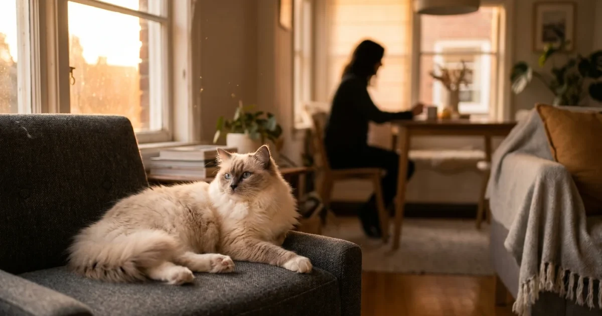 A fluffy Ragdoll cat with blue eyes relaxes on a grey sofa in a sunlit, cozy living room during golden hour.