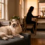 A fluffy Ragdoll cat with blue eyes relaxes on a grey sofa in a sunlit, cozy living room during golden hour.