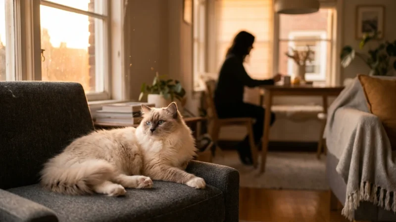 A fluffy Ragdoll cat with blue eyes relaxes on a grey sofa in a sunlit, cozy living room during golden hour.
