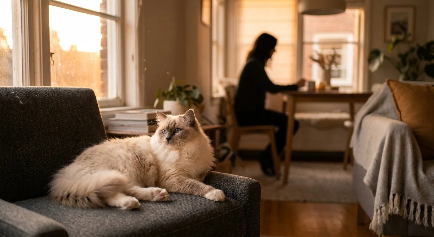 A fluffy Ragdoll cat with blue eyes relaxes on a grey sofa in a sunlit, cozy living room during golden hour.