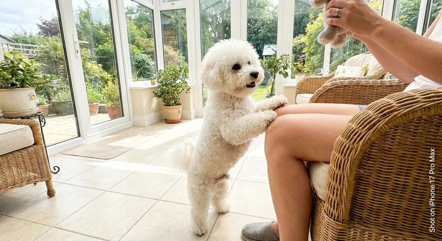 A fluffy white Bichon Frise playfully stands on its hind legs in a bright sunroom.