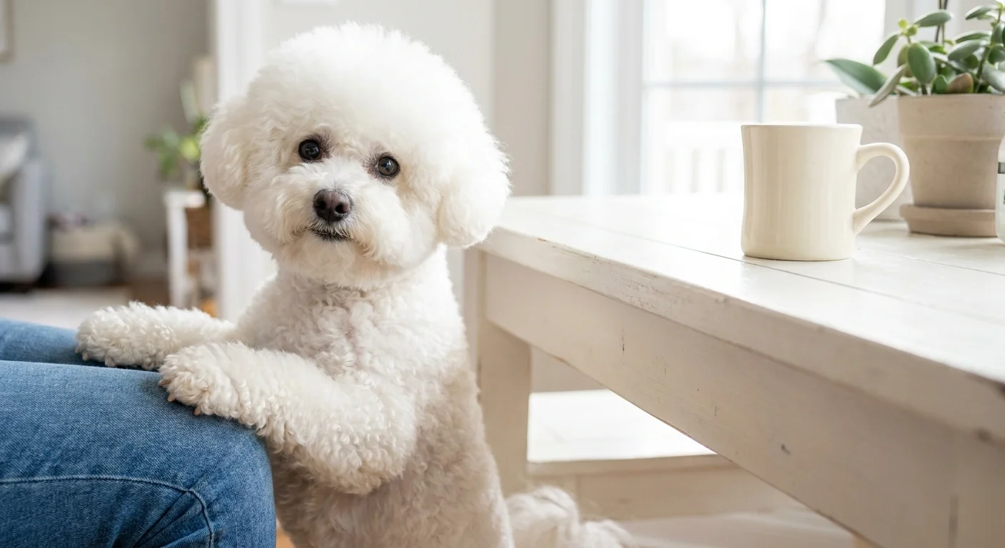 A fluffy white Bichon Frise standing on its hind legs to greet its owner in a bright kitchen.