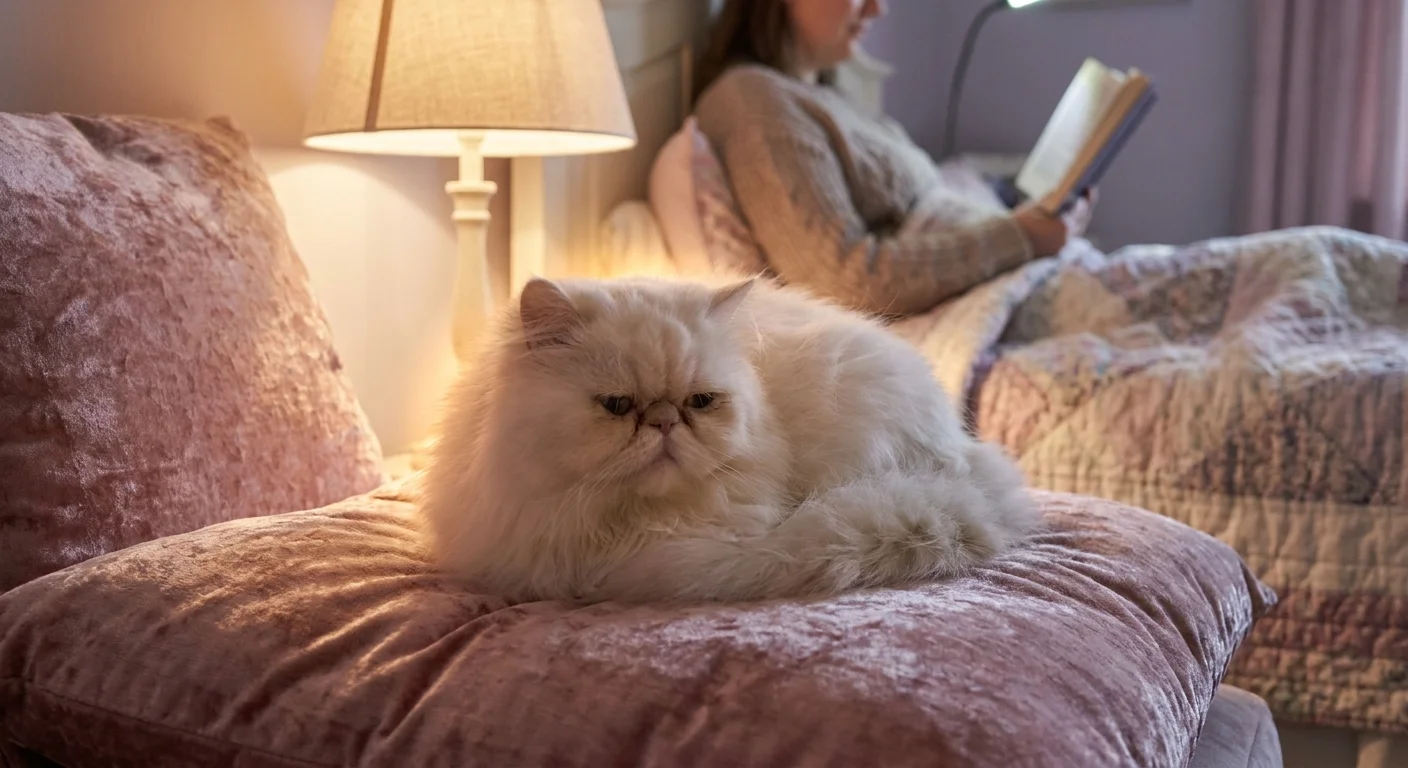 A fluffy white Persian cat sleeps soundly on a plush pink pillow next to its owner who is reading.