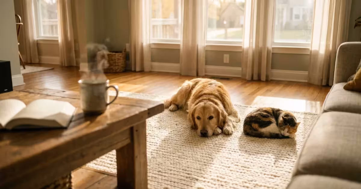 A golden retriever and a calico cat resting together in a sun-lit, cozy living room, illustrating a peaceful home environment.